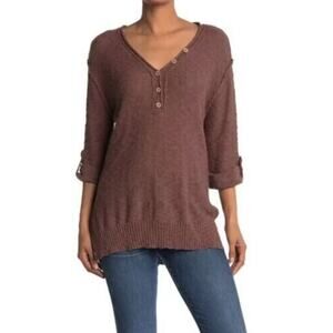 Stitchdrop Women's Slub V-Neck Button Henley In Coconut Shell Small MSRP $72